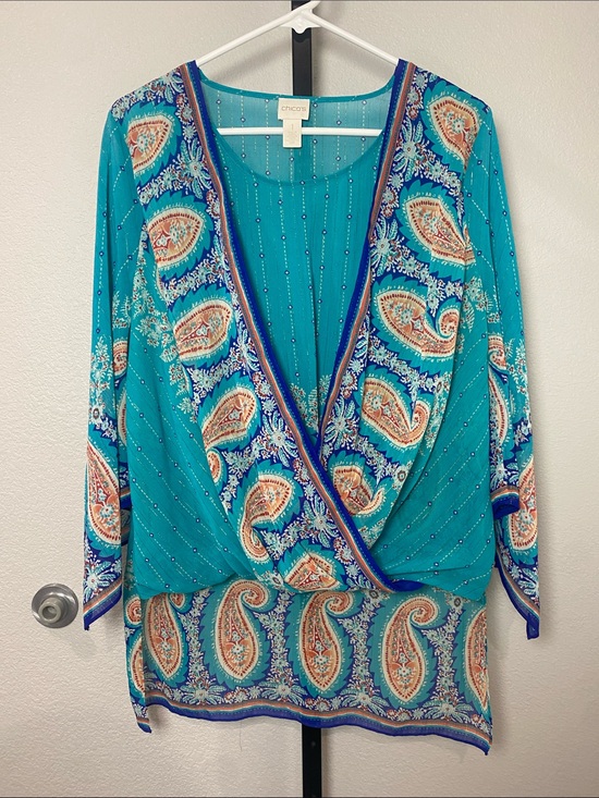 Chico's Tops - Chico's Turquoise Paisley Wrap-Style Blouse with Coral & Royal Accents high low